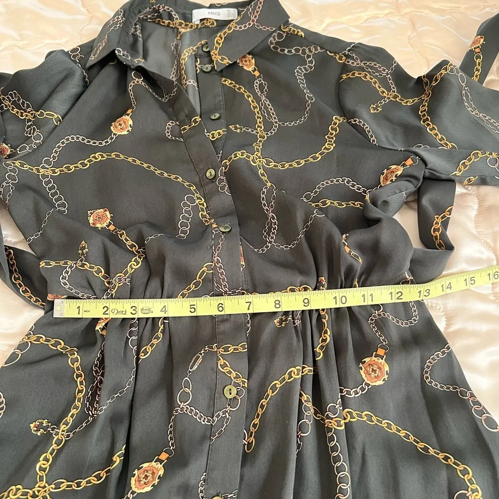 Mango Olive Green Chain-Print Midi Shirt Dress